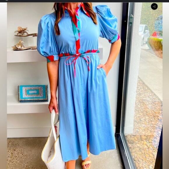 NWT Alden Adair Taylor Dress Roller Skate Puff Sleeve Midi Dress Blue Size Small - Picture 1 of 14